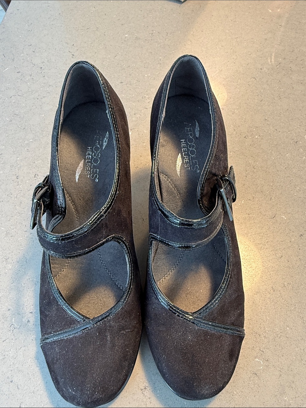 AEROSOLES Black Suede Mary Jane Heels with Buckle Strap